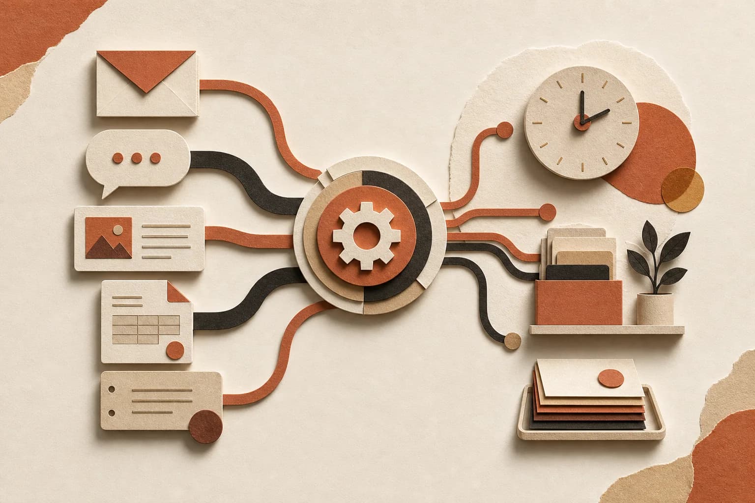 Paper-cut workflow connecting messages, content, invoices, notes, and a clock through an automation hub