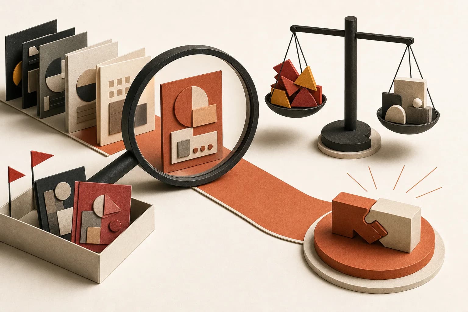 Paper-cut agency portfolios being evaluated with a magnifying glass, balance scale, and partnership symbol