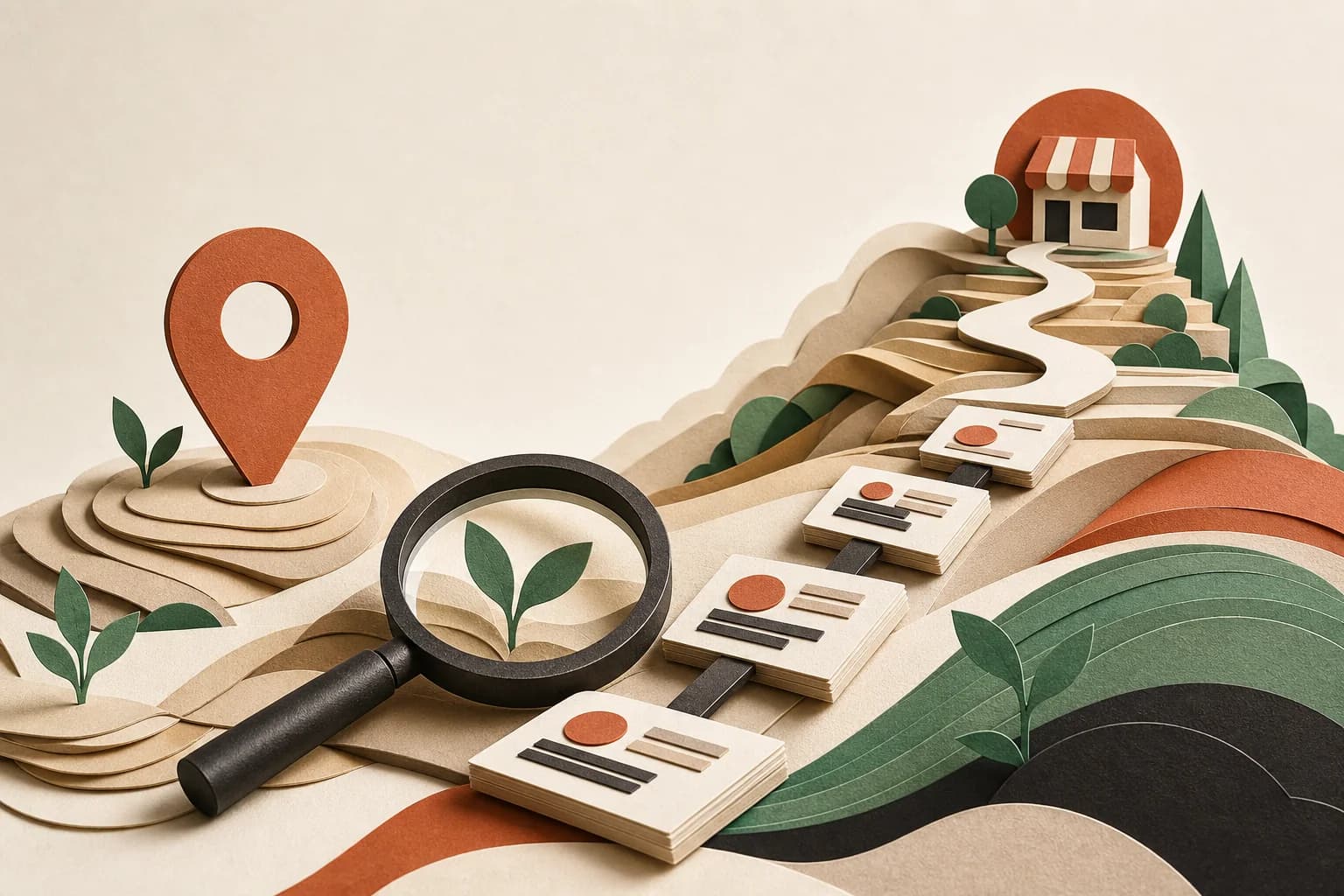 Paper-cut search journey with a magnifying glass, local business marker, linked pages, and organic growth