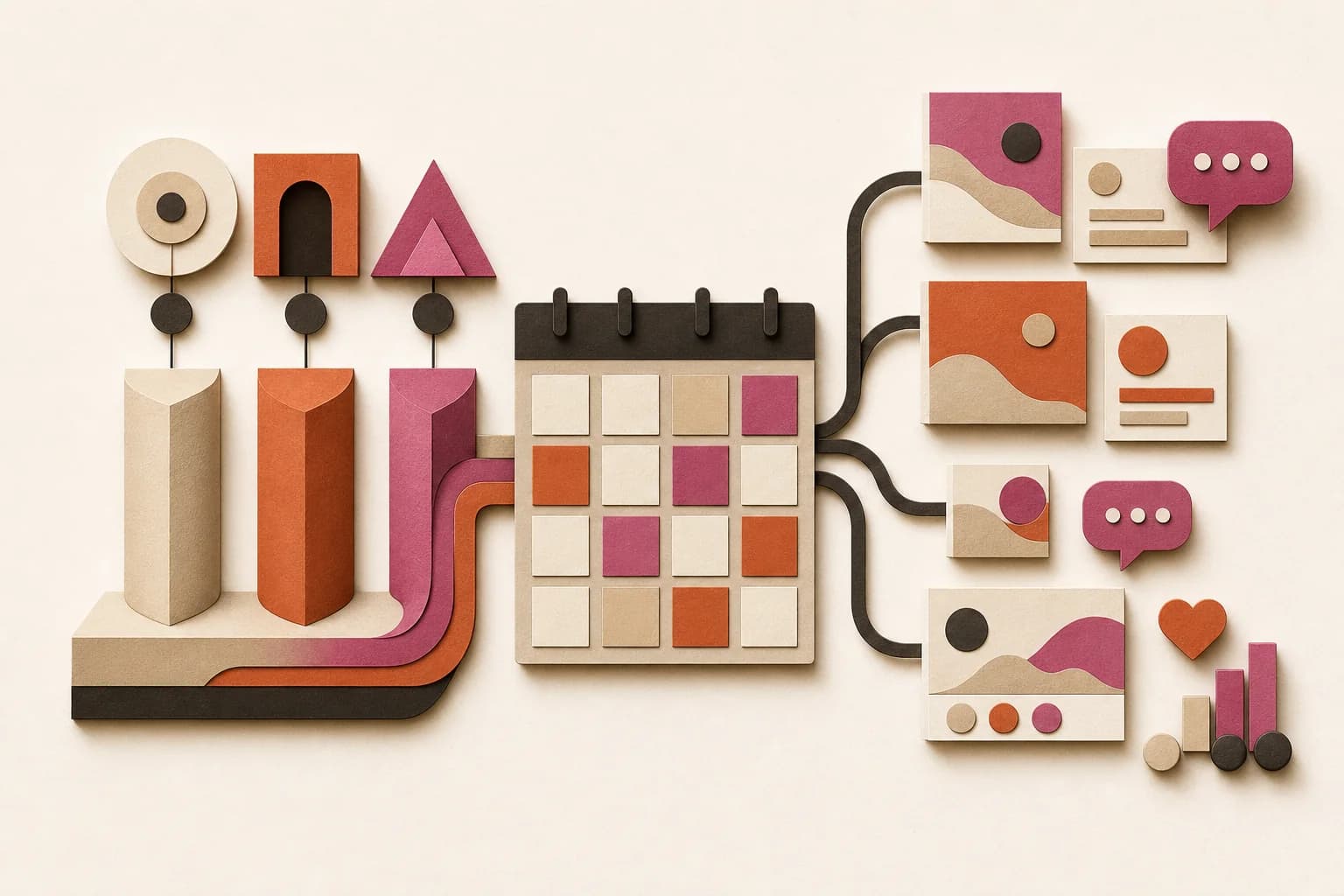 Paper-cut content pillars feeding an editorial calendar and a focused set of social posts and engagement signals
