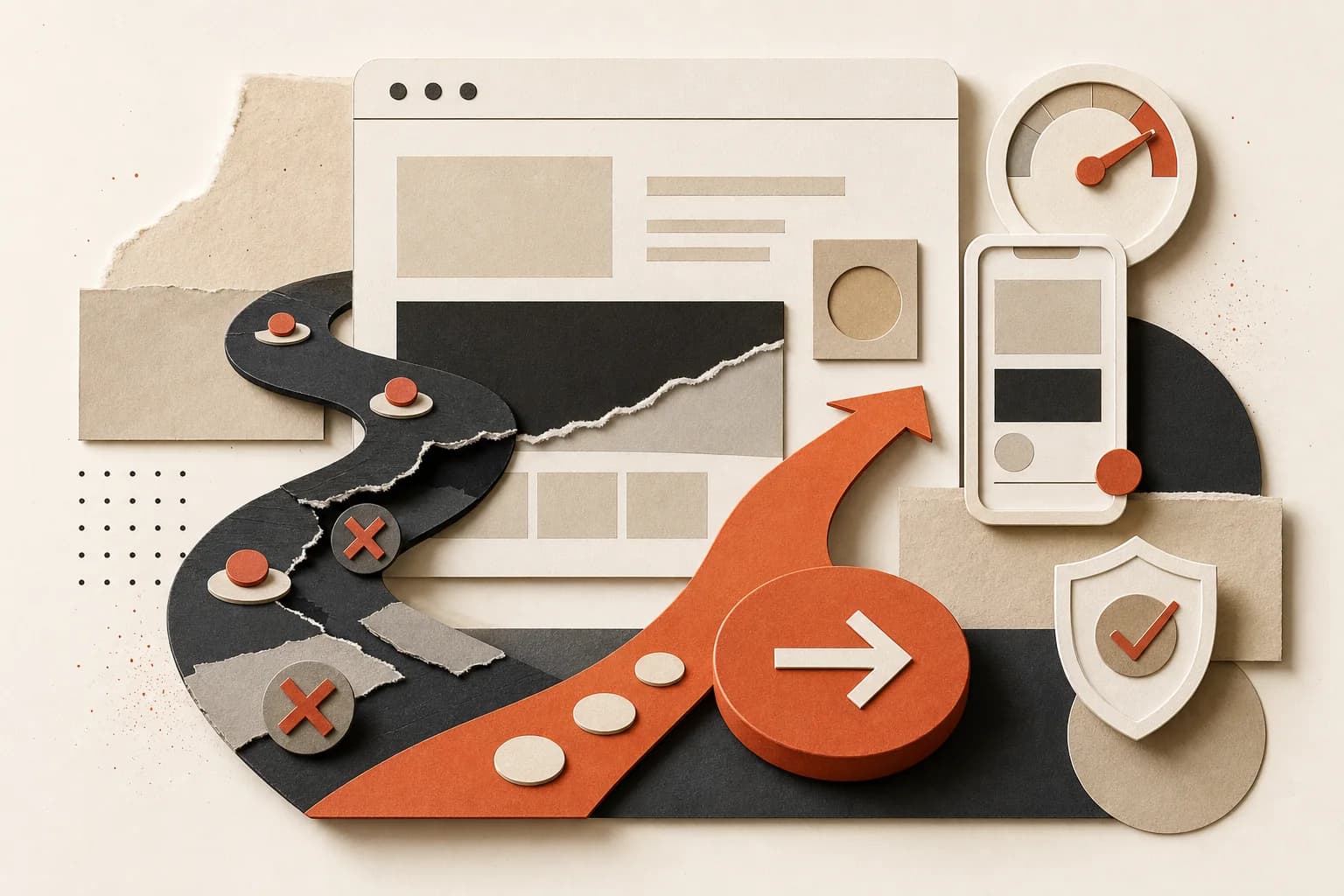 Paper-cut website journey shifting from a broken visitor path to a clear conversion path with trust and speed signals